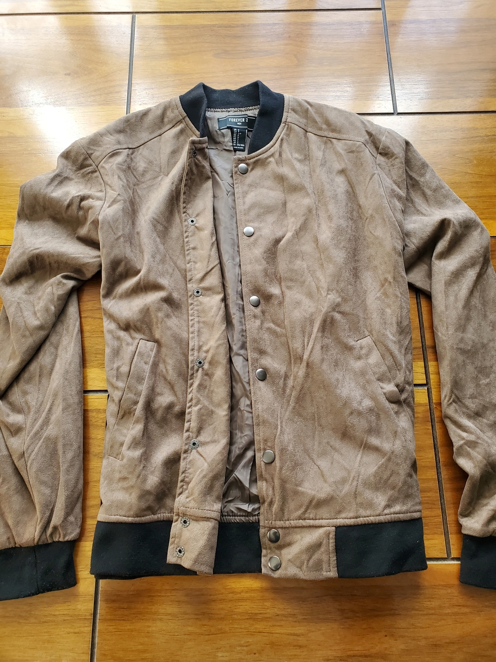 Forever 21 Men's Brown Suede-Style Bomber Jacket with Black Trim